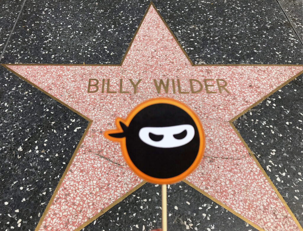 photo of Ninja Neno, mascot of Writing Ninja, in front of Billy Wilder's star on the Hollywood Walk of Fame